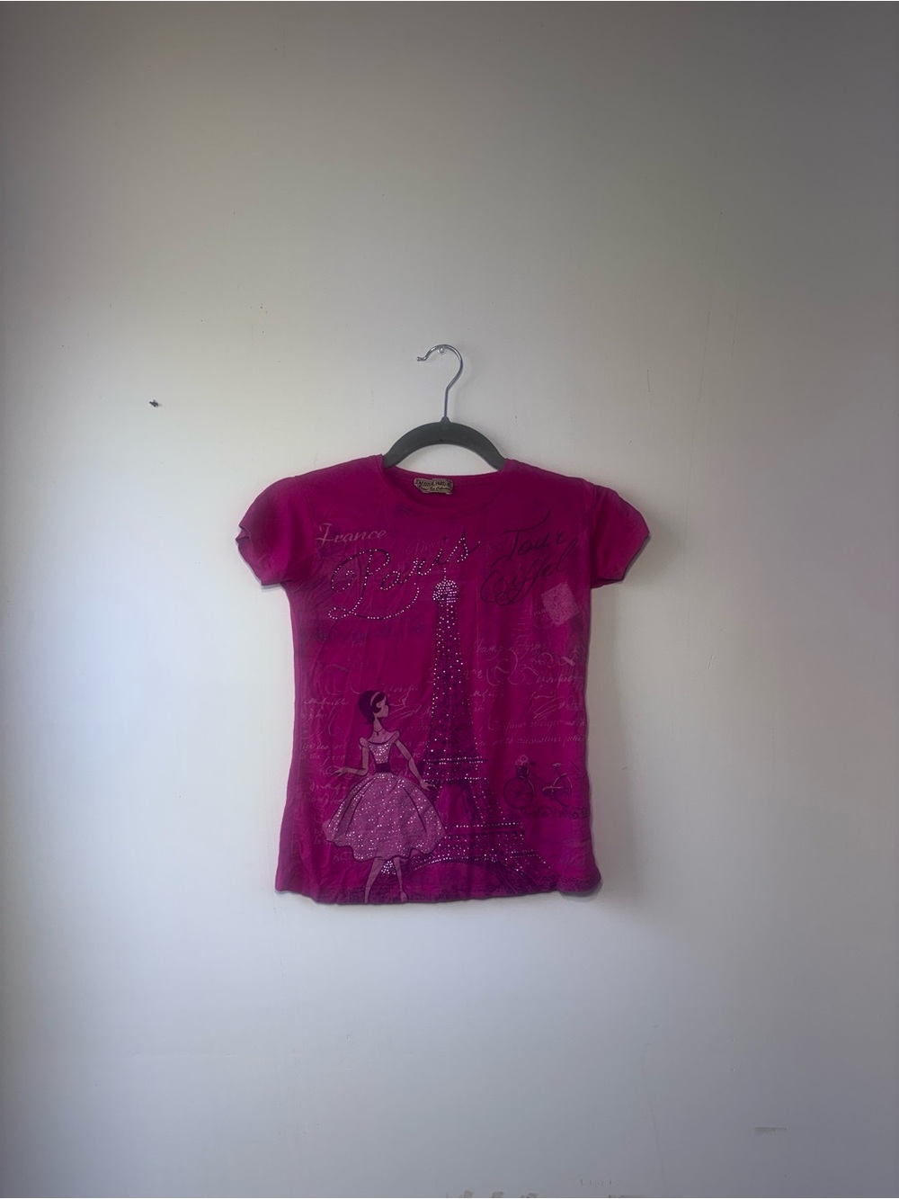 Attitude Paris Women's Pink Eiffel Tower Rhinestone Baby Tee